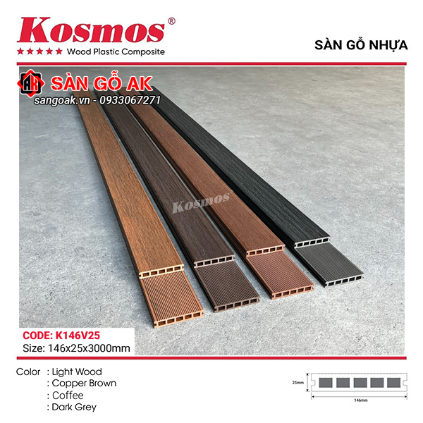 Sàn gỗ nhựa ngoài trời Kosmos lỗ vuông K146V25X3M Copper Brown